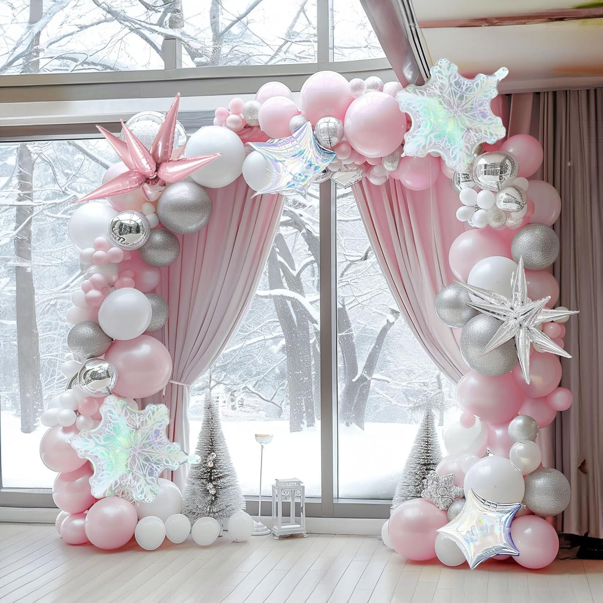 Pink And Silver Winter Balloon Garland Arch Kit 130Pcs With Snowflake Star Mylar Balloons For Girl 1St Birthday Party Pink Christmas Winter Wonderland Baby Shower Decorations