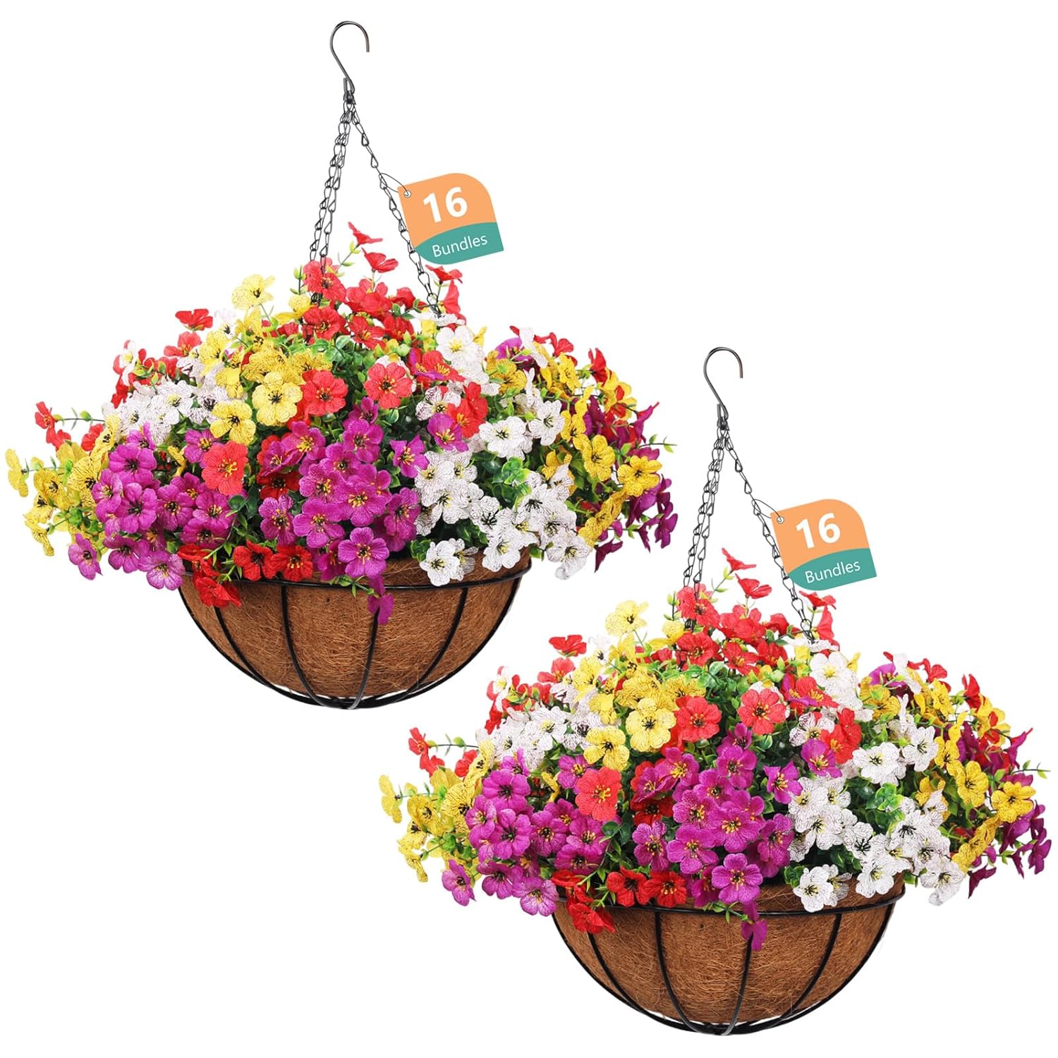 2 Set Outdoor Artificial Hanging Baskets, 32 Pcs Artificial Flowers Hanging Planters For Spring Summer Front Porch Patio Yard Garden Home Decor (Purple, Yellow, Hot Pink, Creamy White)