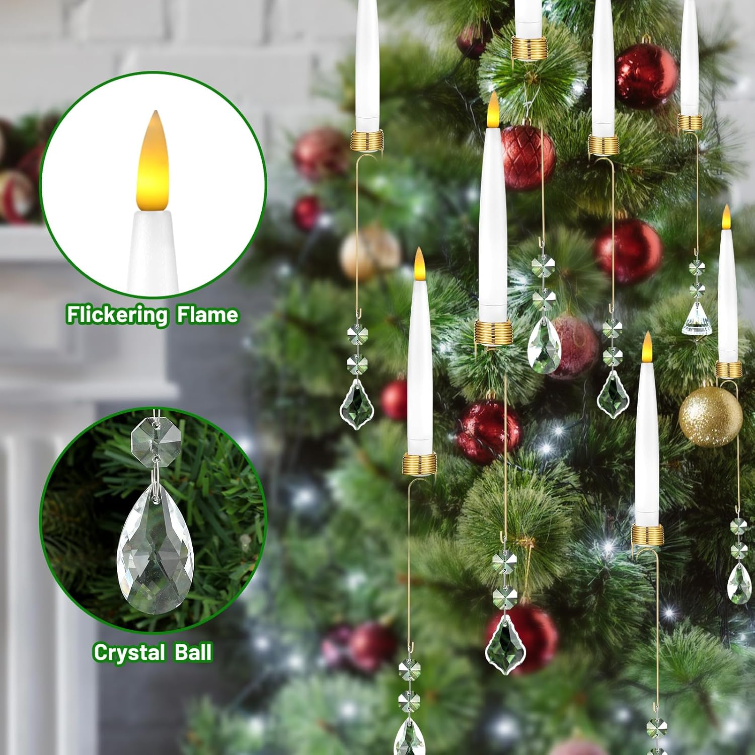 12 Sets Flameless Christmas Tree Candles With Hook Remote Timer Flameless Taper Led Candle For Christmas Tree Ornament Battery Operated Light Candlestick Xmas Wedding(No Battery) (Crystal)