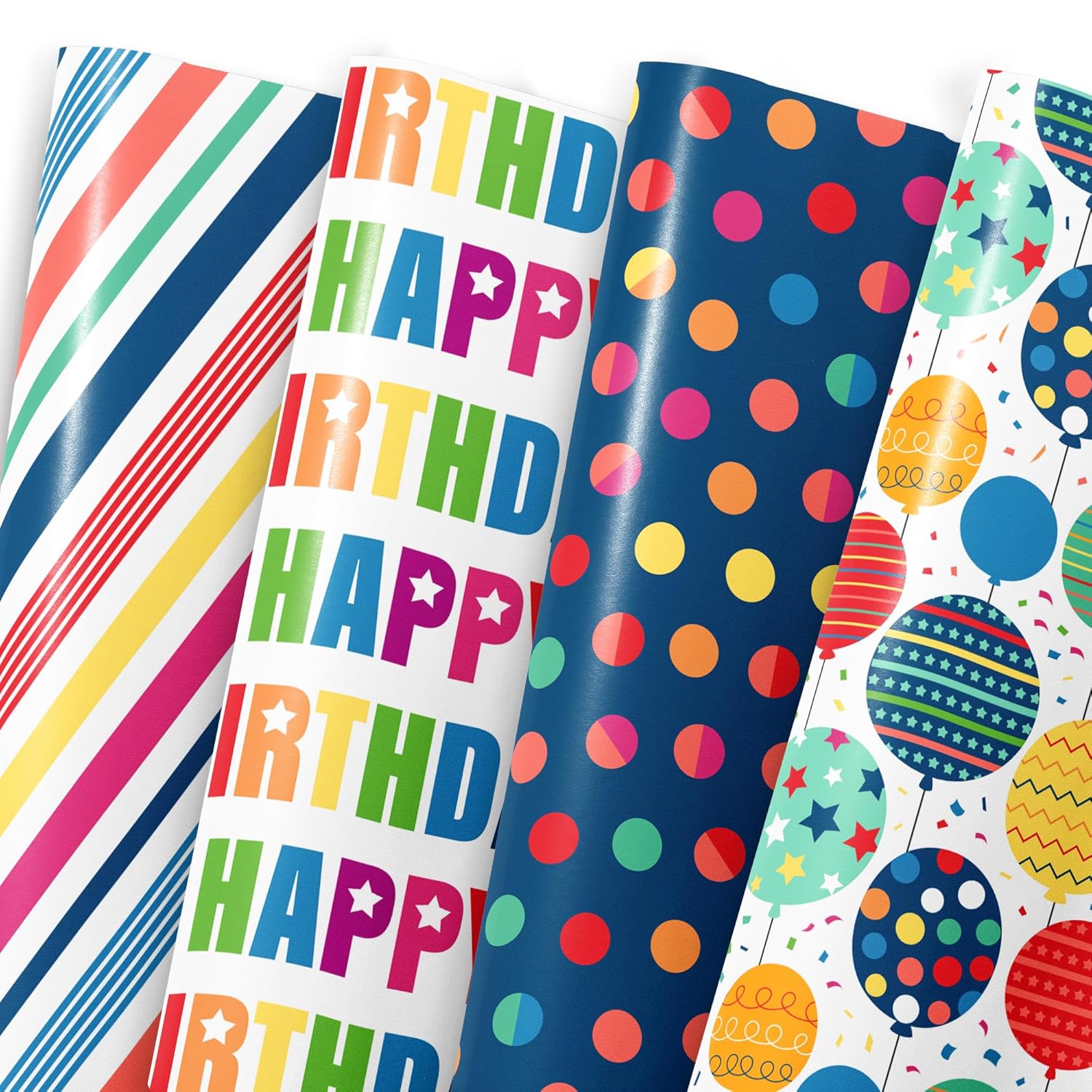 Birthday Wrapping Paper For Boys Girls Women Men,12 Sheets Gift Wrapping Paper With “Happy Birthday” Polka Dots, Balloons, Colorful Stripes - Holiday Gift Wrap 20×28 Inch