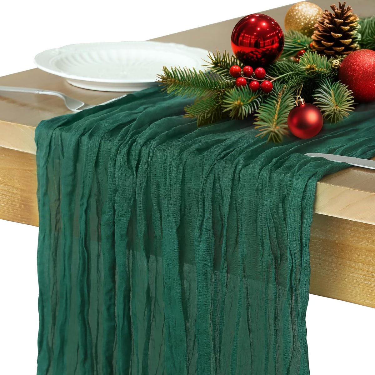 Christmas Table Runner, 10Ft Cheesecloth Emerald Green Table Runners 35*120Inch Rustic Boho Table Runner For Christmas Indoor Home Kitchen Table Party Decorations