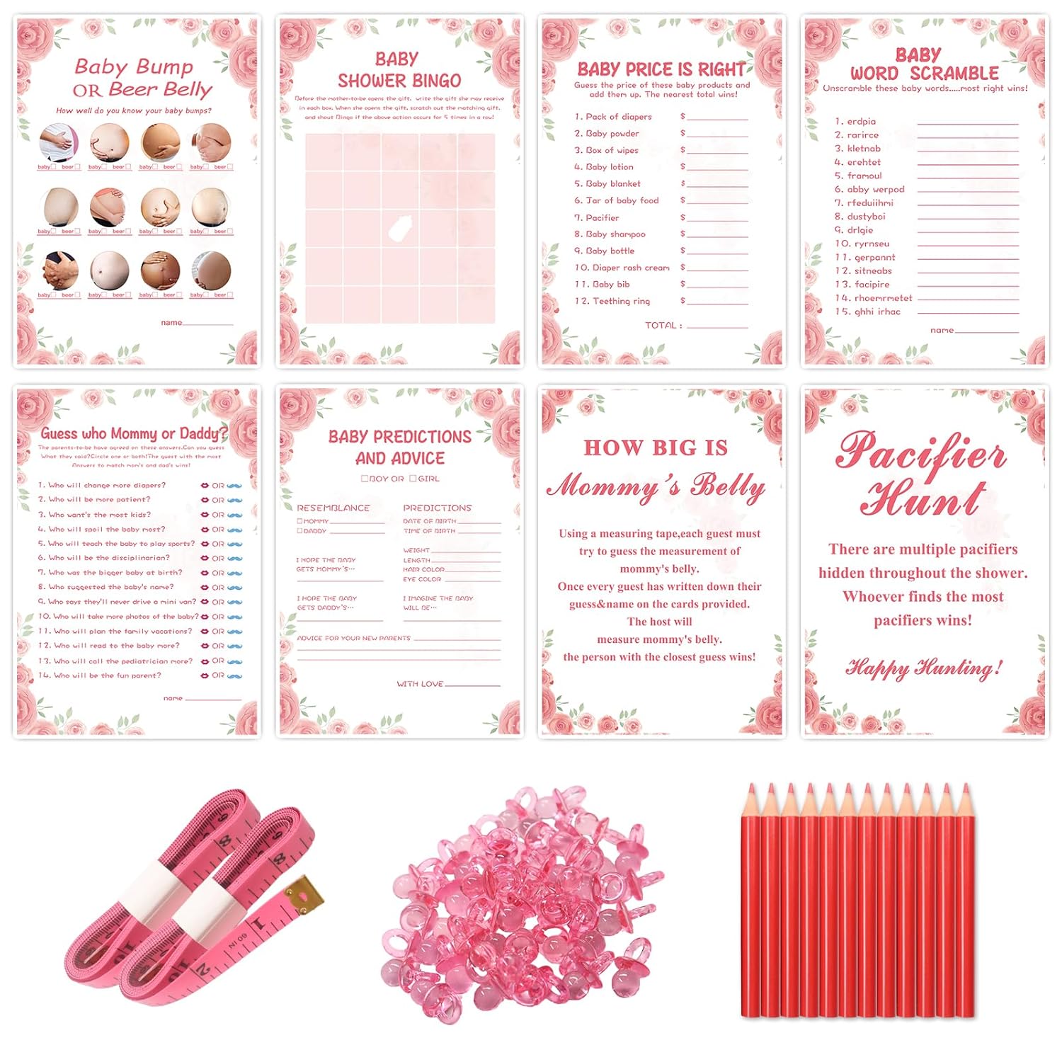 Baby Shower Games For Girl-8 Games,Fun And Easy To Play,Includes Baby Shower Bingo,Price Is Right,Guess Who Mommy Or Daddy,Word Scramble,Prediction And Advice,How Big Is Mommys Belly,Pacifier Hunt