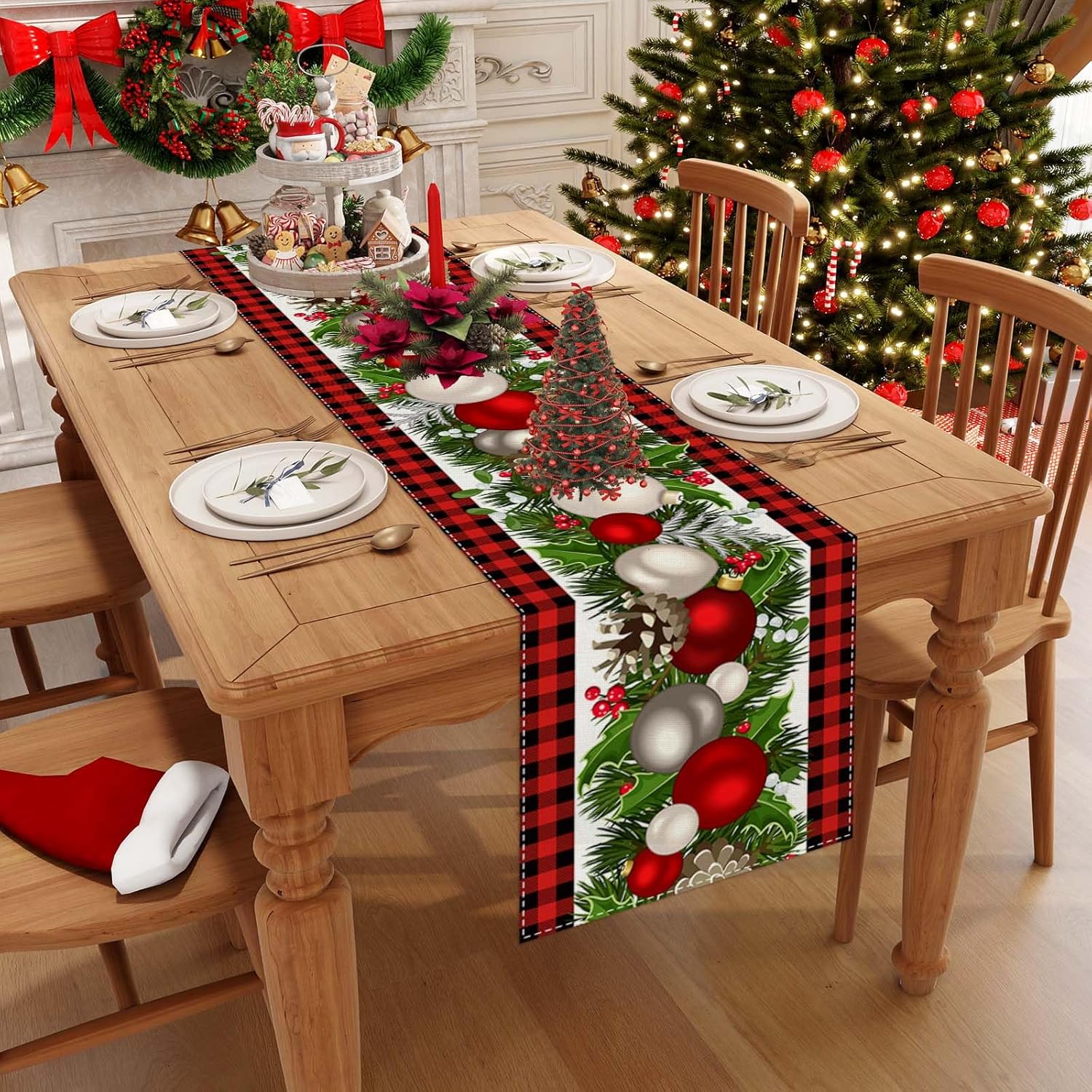 Linen White And Black Buffalo Check Plaid Christmas Table Runner 72 Inches Long Winter Christmas Xmas Holiday Gingerbread House Mantable Decoration