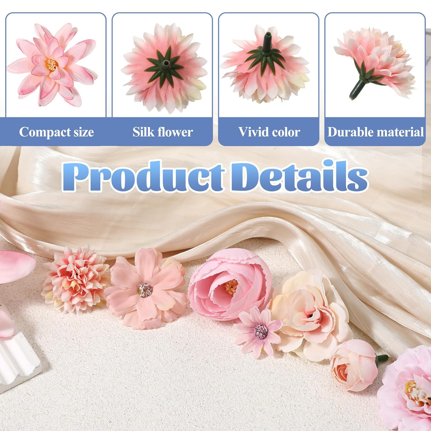 50 Pcs Fake Flower Heads, Mini Pink Artificial Flowers Heads, Bulk Silk Faux Flower, Faux Dahlia Peony Daisy Rose Hydrangea For Craft Garland Wedding Party Diy Home Decoration, 4-12 Cm, Pink