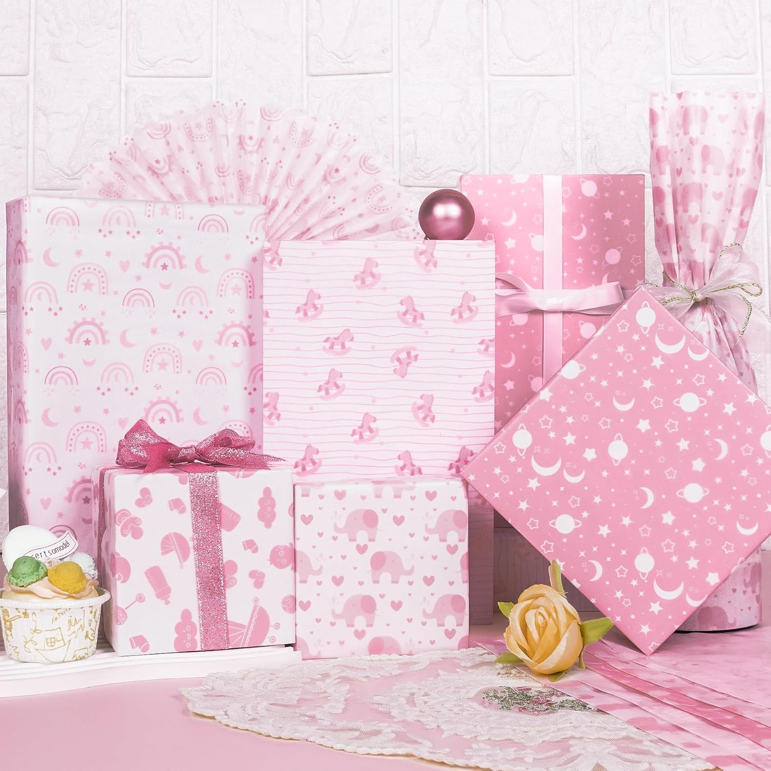 Tissue Paper, 50 Sheets Elephant Pink Tissue Paper For Gift Bags Gift Wrapping, Cute Baby Girl Design Art Gift Wrap For Baby Shower, Birthday, Anniversary, Craft, 19.7X13.8Inch