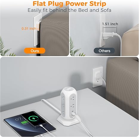 Tower Surge Protector Power Strip with 11 Outlets 3 USB Ports 1 USB C 6FT Flat Plug Extension Cord 1050J