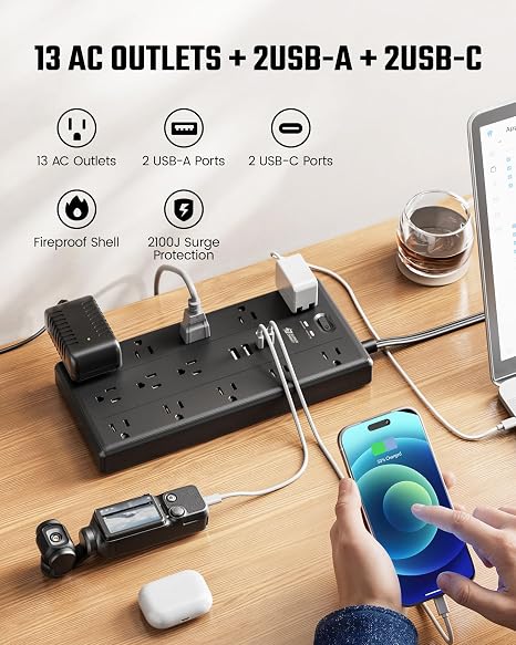 Surge Protector Power Strip 13 Outlets 4 USB Ports 2 USB C 10FT Flat Plug Extension Cord 2100J