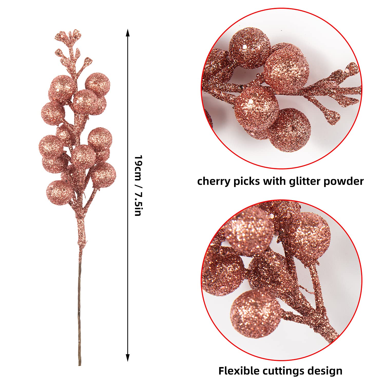 24 Pack Rose Gold Christmas Glitter Berries Stems Artificial Christmas Picks For Christmas Tree Ornaments Wreath, Crafts, Holiday And Home Decor