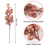 24 Pack Rose Gold Christmas Glitter Berries Stems Artificial Christmas Picks For Christmas Tree Ornaments Wreath, Crafts, Holiday And Home Decor