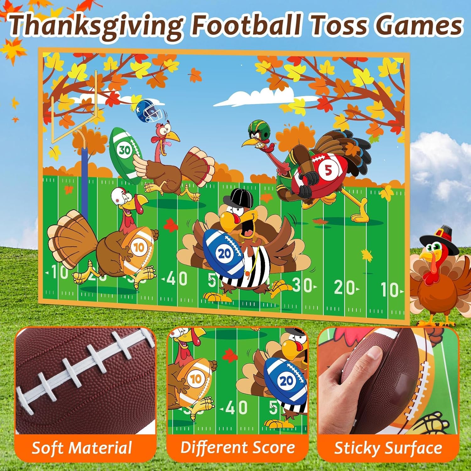 Thanksgiving Bean Bag Toss Game Fall Festival Turkey Hanging Toss Game Banner With 2 Soft Footballs Thanksgiving Games For Family Adults Activities Indoor Outdoor Sports Fun Decoration