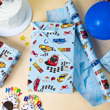 Blue Birthday Wrapping Paper Roll - 17 In X 16.4 Ft(23.3 Sqft) - Boys Wrapping Paper For Celebrate Party, Baby Shower With Race Car, Happy Birthday Text And Lightning Pattern