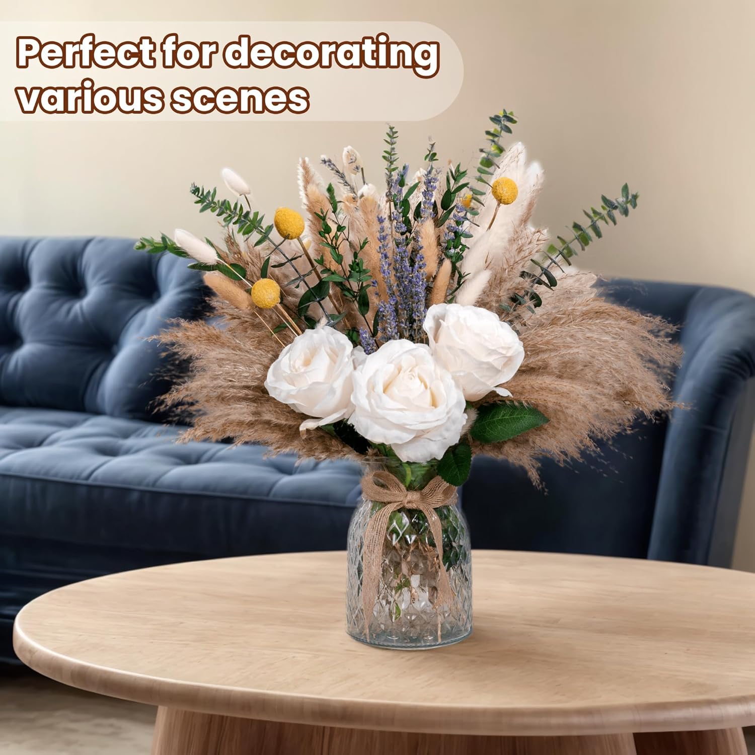 Faux Flower Arrangement With Vase, Center Pieces Decoration For Table, Pampas Grass Floral Décor, Thanksgiving & Christmas Coffee Table Decorations, Artificial Flowers In Vase, Centro De Mesa