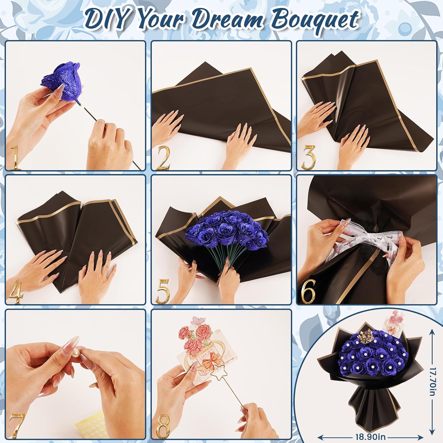 Glitter Roses Bouquet, 25 Artificial Flowers Glowing, Diy Fake Glitter Flowers Bouquet With Stem For Wedding Bouquets Anniversary Engagement Valentine'S Day Birthday (Blue)