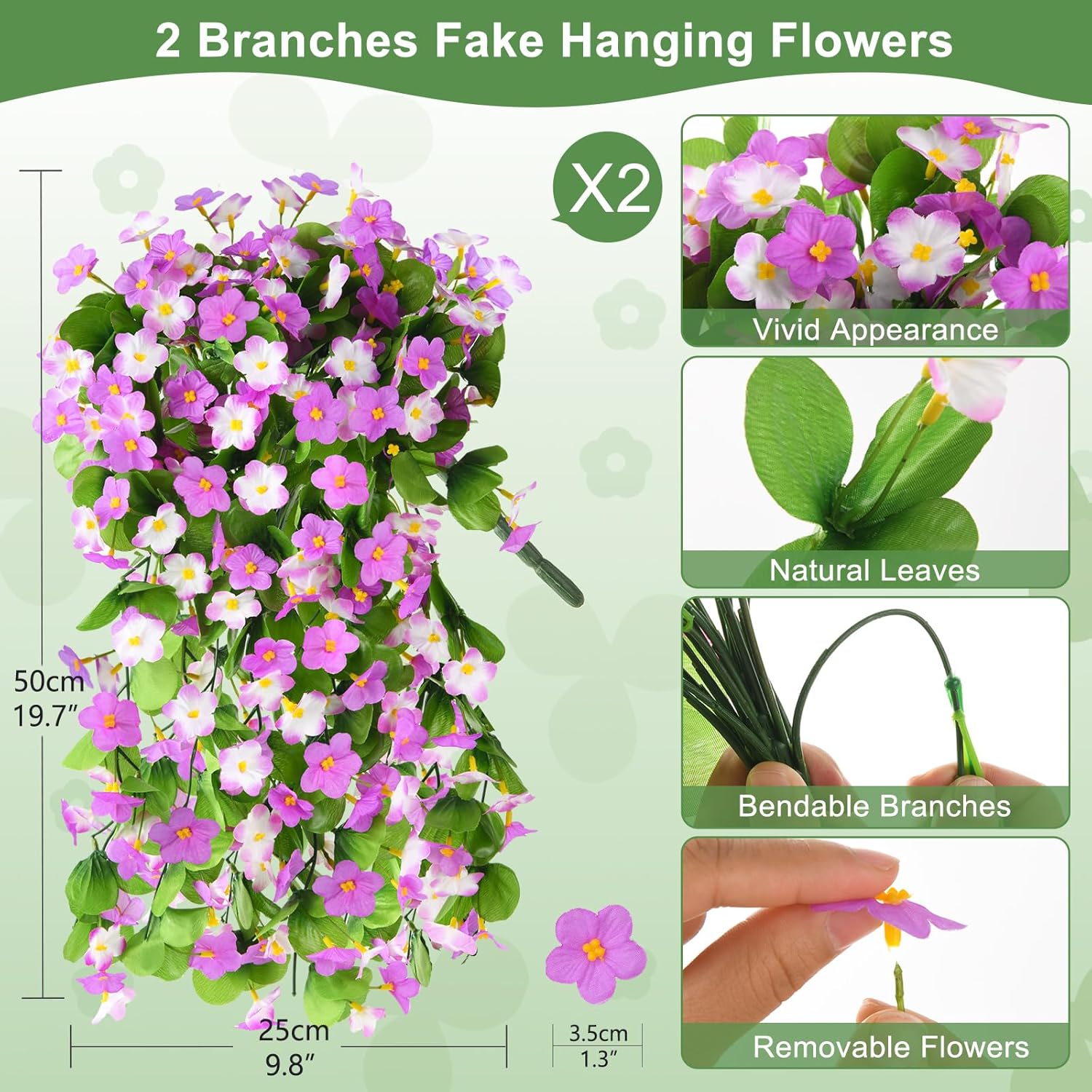 2 Pack Artificial Hanging Flowers, Fake Flowers Hanging Plant Violet Flower, Artificial Faux Silk Spring Flower For Wall Front Door Yard Garden Wedding Outdoor Decoration(Purple)