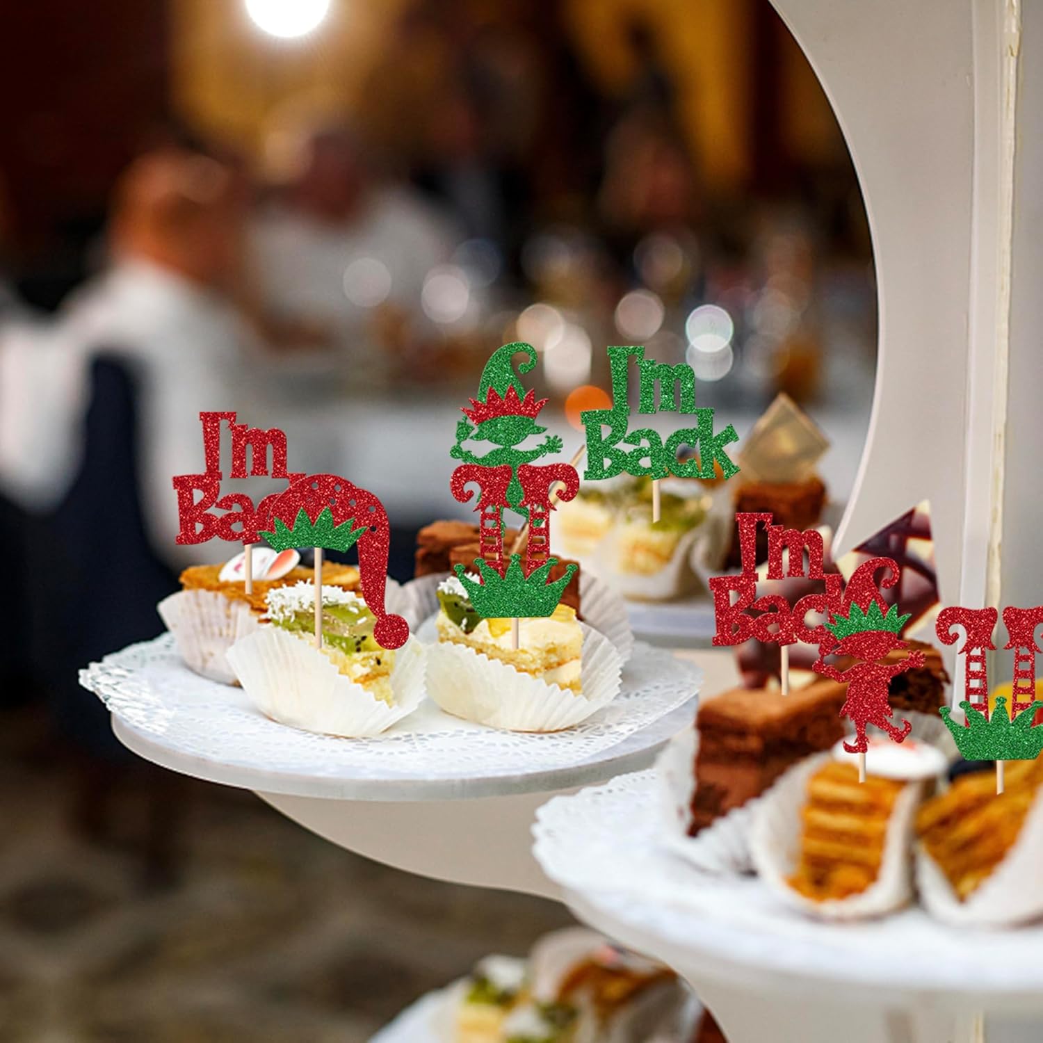 24 Pack Elf Cupcake Toppers Green Red Glitter Santa Hat I'M Back Elf Legs Christmas Cupcake Picks For Merry Christmas New Year Holiday Baby Shower Birthday Party Cake Decorations