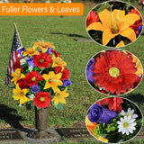 Artificial Cemetery Flower For Graves, Set Of 2 Cemetery Memorial Flowers With Vase For Gravesite Outdoor Headstone Tombstone Decorations, Artificial Lily Rose Gerbera Flowers Bouquets