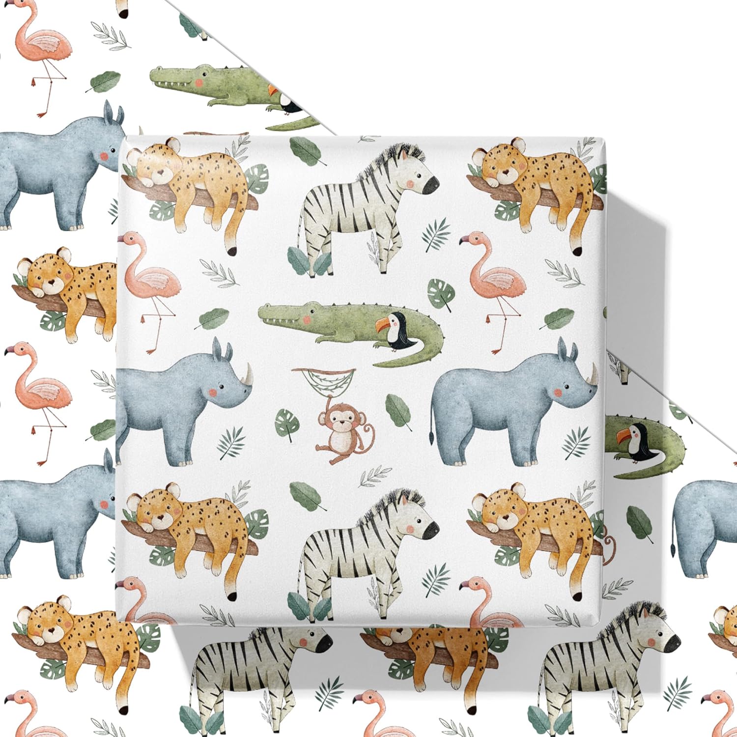 White Animals Wrapping Paper For Kids - Jungle Safari Gift Wrap With Cute Tiger, Zebra, Rhino, Monkey, Crocodile Design For Kids’ Birthday, Baby Shower - 28×40 Inches, 4 Folded Sheets