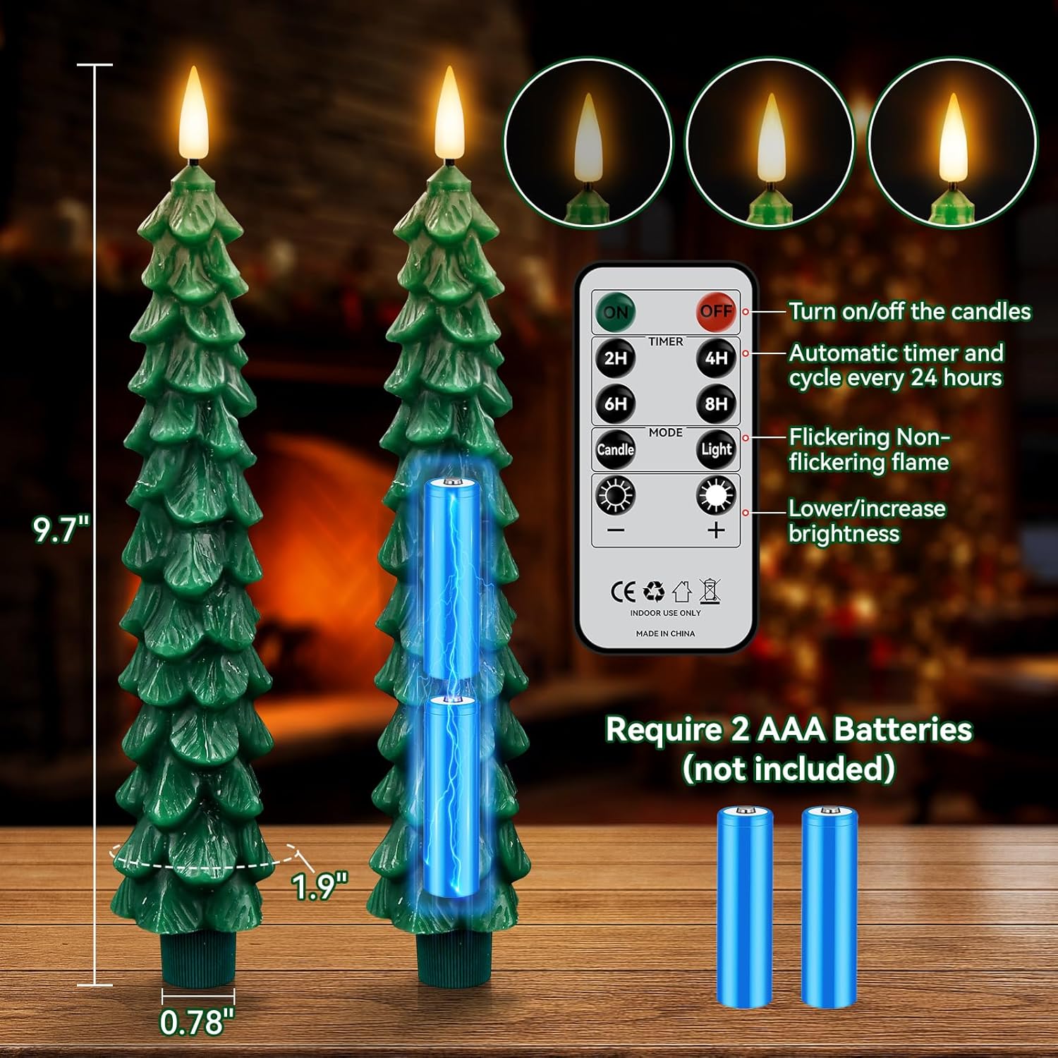 4 Pack Flameless Christmas Tree Candles With Remote, 9.8” Led Battery Operated Taper Candles, Green 3D Flickering Candlesticks For Holiday Home Decoration (Green)