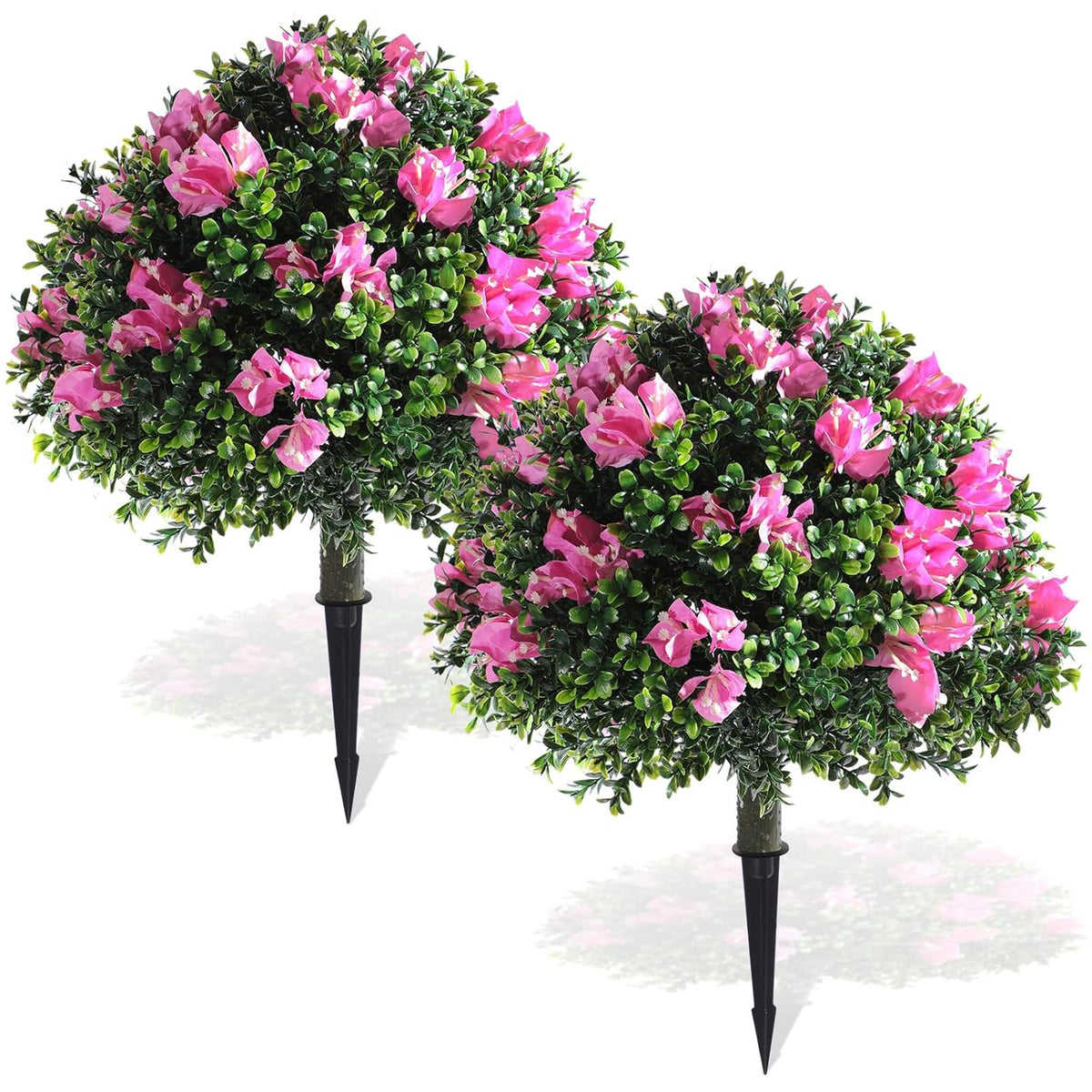 Set Of 2 Artificial Bougainvillea Flowers Boxwood Topiary Ball Tree 18 Inch Faux Bush Outdoor Plants With Ground Spike, Uv Resistant Fake Shrubs For Garden, Yard, Porch, Patio Decor(Pink)