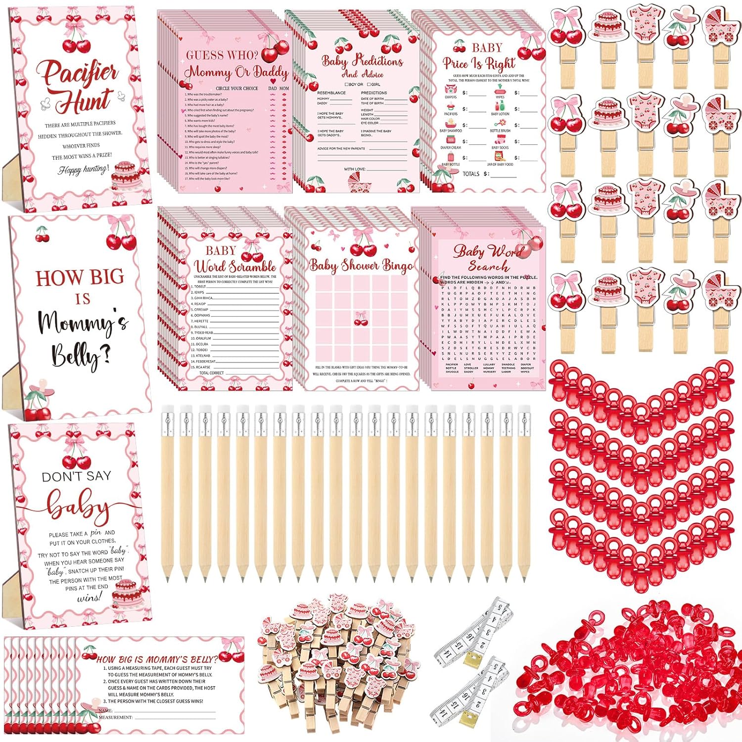 476 Pcs Cherry Baby Shower Games 6 Sets Activities Cards Pacifier Hunt Game 50 Pacifiers How Big Is Mommy'S Belly Sign 50 Guessing Cards 2 Measuring Tape Don'T Say Baby Sign 50 Clothespin