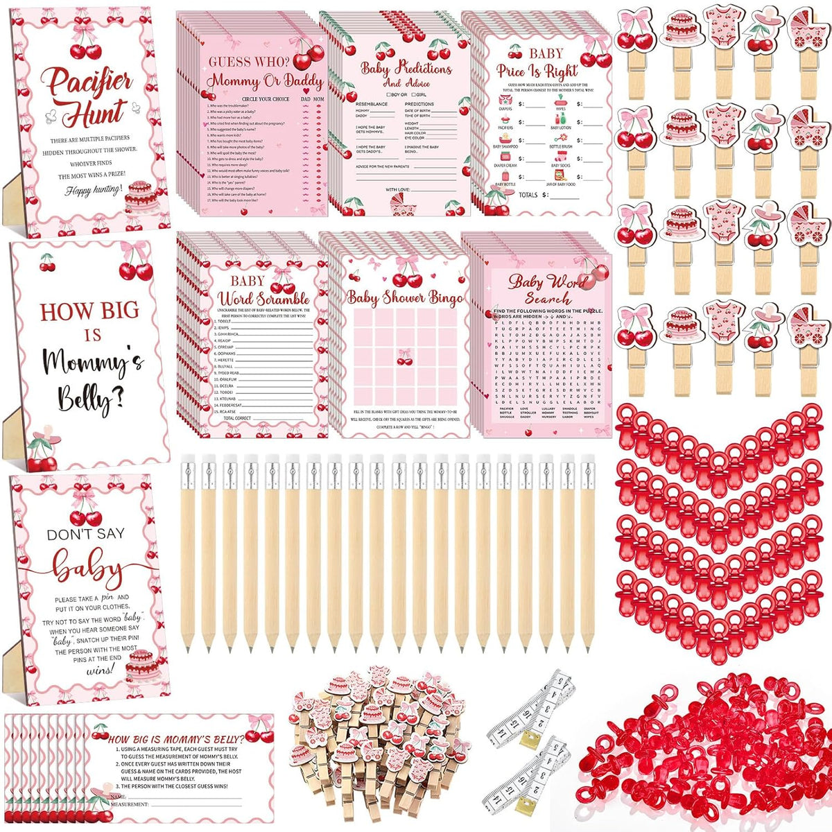 476 Pcs Cherry Baby Shower Games 6 Sets Activities Cards Pacifier Hunt Game 50 Pacifiers How Big Is Mommy'S Belly Sign 50 Guessing Cards 2 Measuring Tape Don'T Say Baby Sign 50 Clothespin