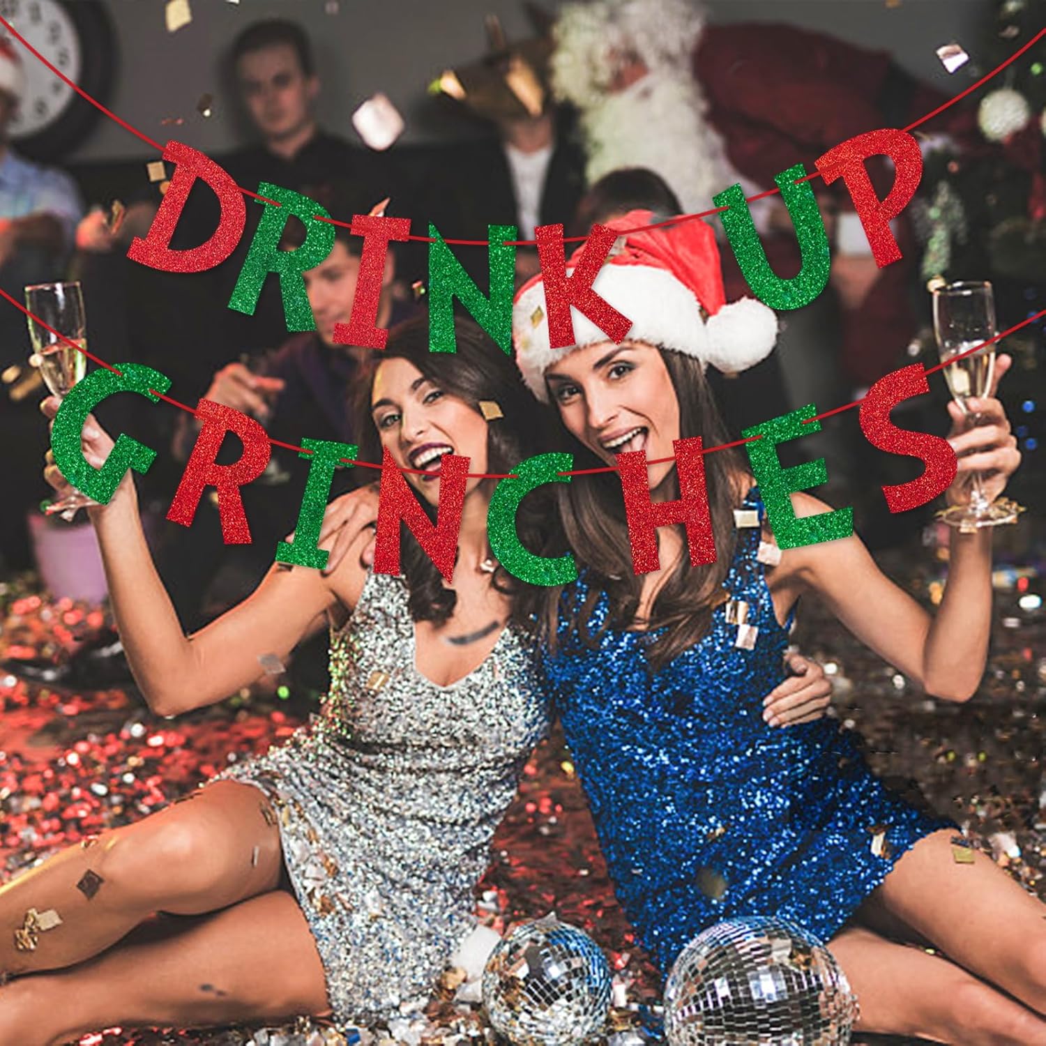 Drink Up Christmas Decorations Red Green Glittery Christmas Banner Xmas Garland Banners Winter Holiday Garland Photo Props Banners Christma Party Decorations For Xmas Backdrop Decorations