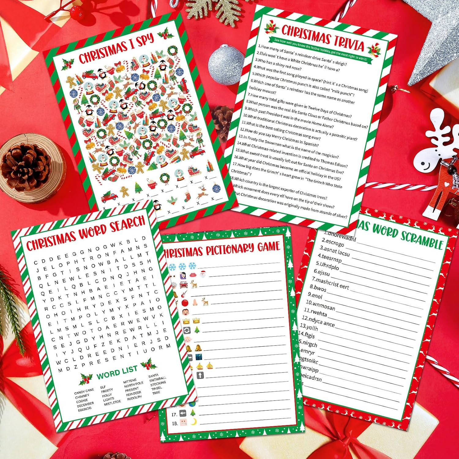 130Pcs Christmas Party Games Cards Set Xmas Trivia Pictionary Word Search Scramble Christmas I Spy Games Fun Holiday Activity For Family Friend Group Winter Xmas Holiday Party Supplies (Classic)