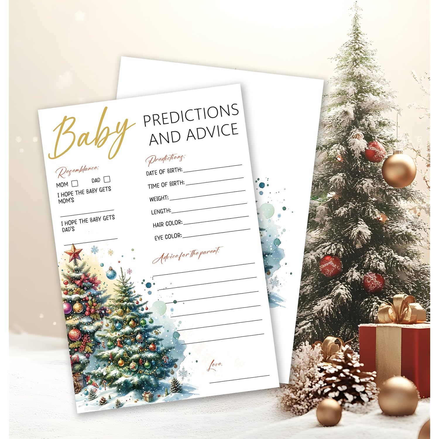 Christmas Baby Shower Game Cards – 25 Double-Sided Baby Prediction & Advice Cards, Winter Xmas Tree Gender-Neutral Party Favors – C04