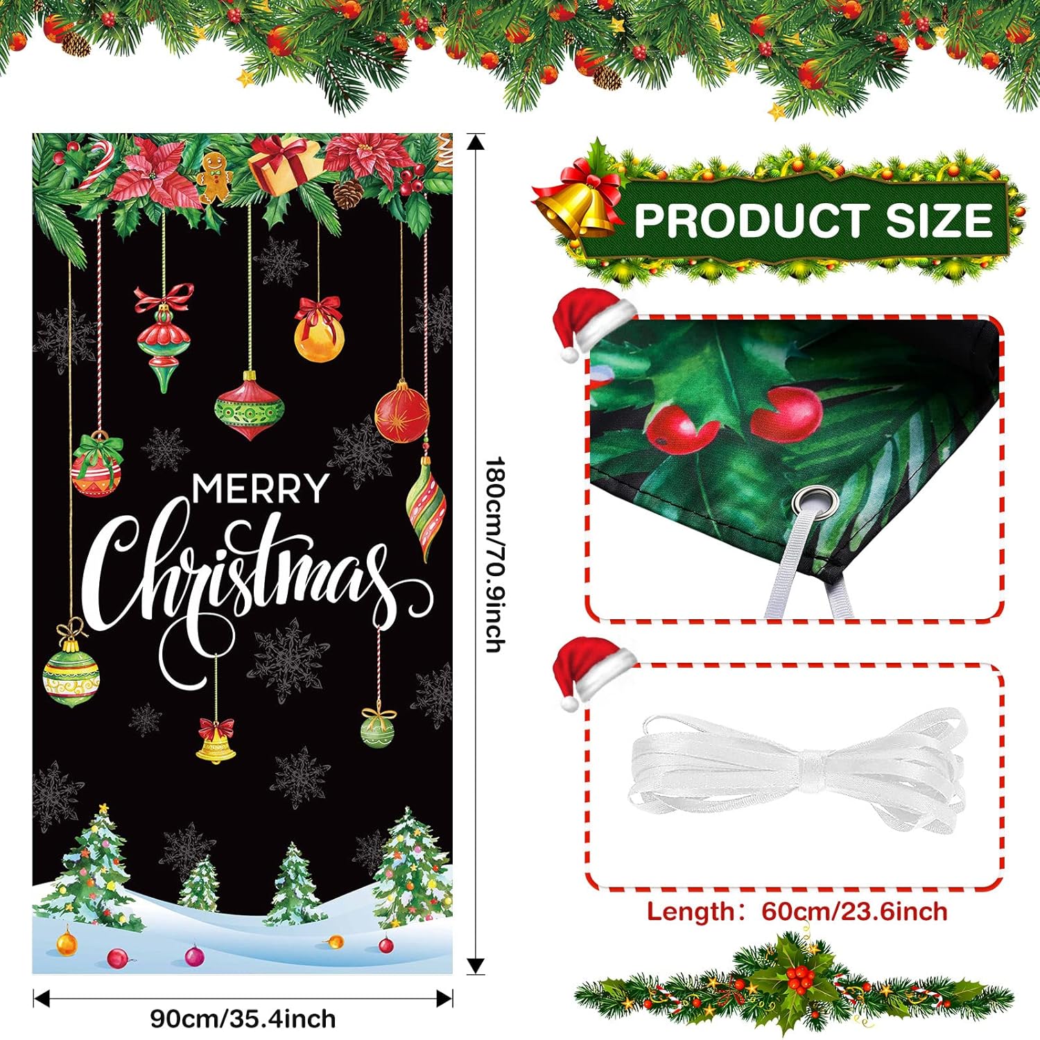 Merry Christmas Door Cover 35 X 71 Inch Christmas Ball Door Cover Backdrops Xmas Tree Banner Background Xmas Snowflake Porch Hanging Decorations(Black)