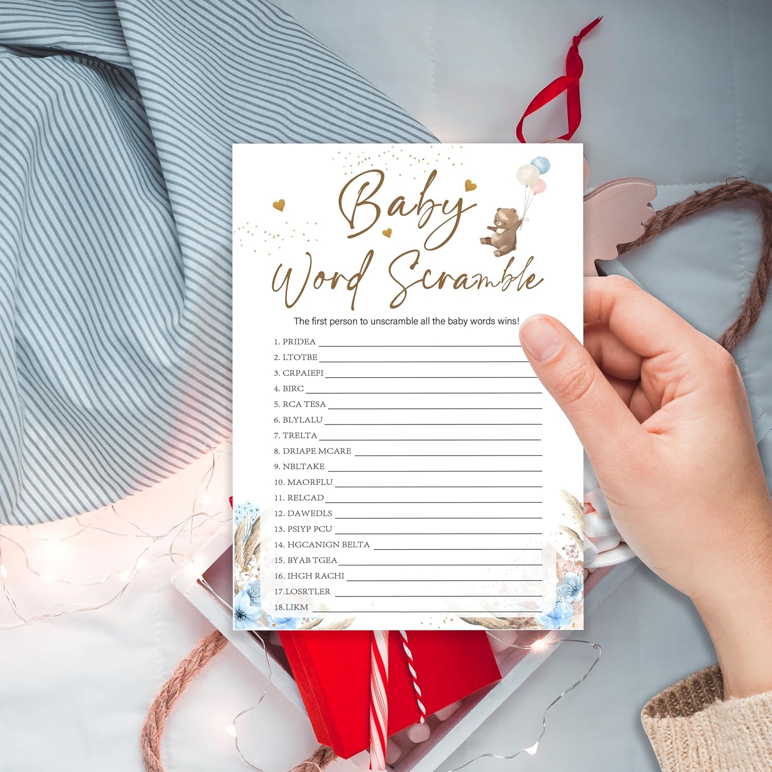 Baby Shower Games, Bear Themed Blue Word Scramble Cards For 25 Players, Gender Neutral Party Activities