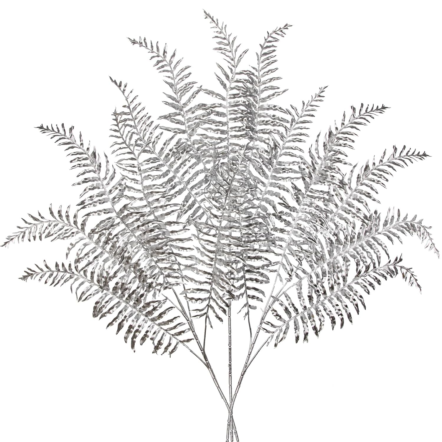 30” Artificial Silver Ferns Leaves Stems Christmas Long Branch 3Pcs Fake Leave Flower Tall For Christmas Tree Diy Xmas Wreath Garland Arrangment Vase