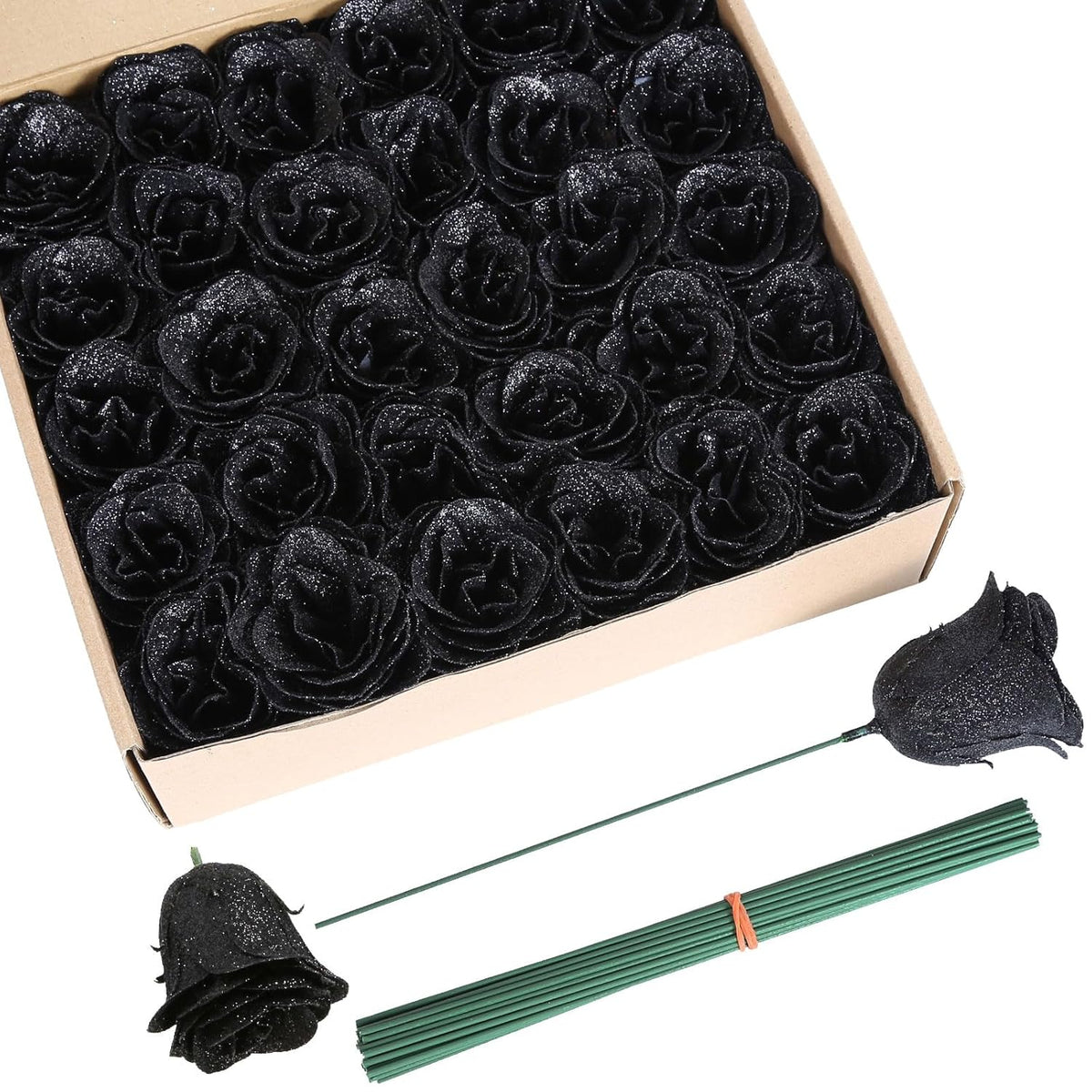 Black Roses Artificial Flowers, 30Pcs Glitter Roses Artificial Roses With Stems For Crafts Wedding Bouquet Party Home Decor(Black)
