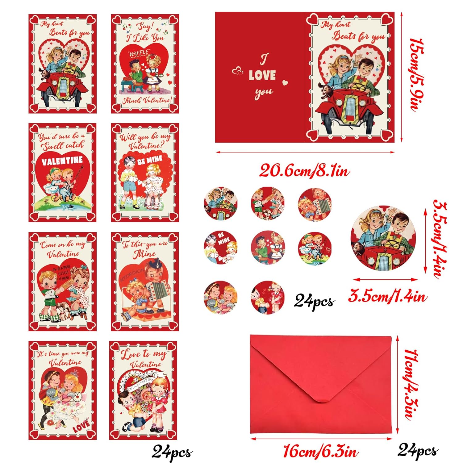 24 Pack Valentine’S Day Cards With Envelopes, Retro Cartoon Valentine Gifts For Classroom Exchange Valentine Party Favors School Exchange And Rewards