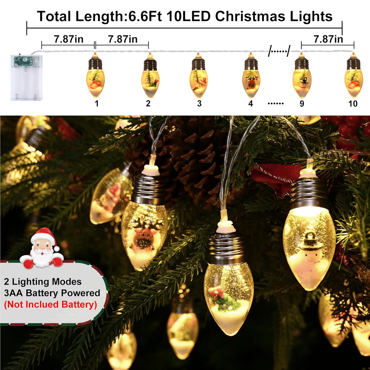 2Pcs Christmas Snow Globe String Lights, 13.2Ft Vintage Christmas Lights Indoor, 20 Led Globe Bulbs String Light With Sn