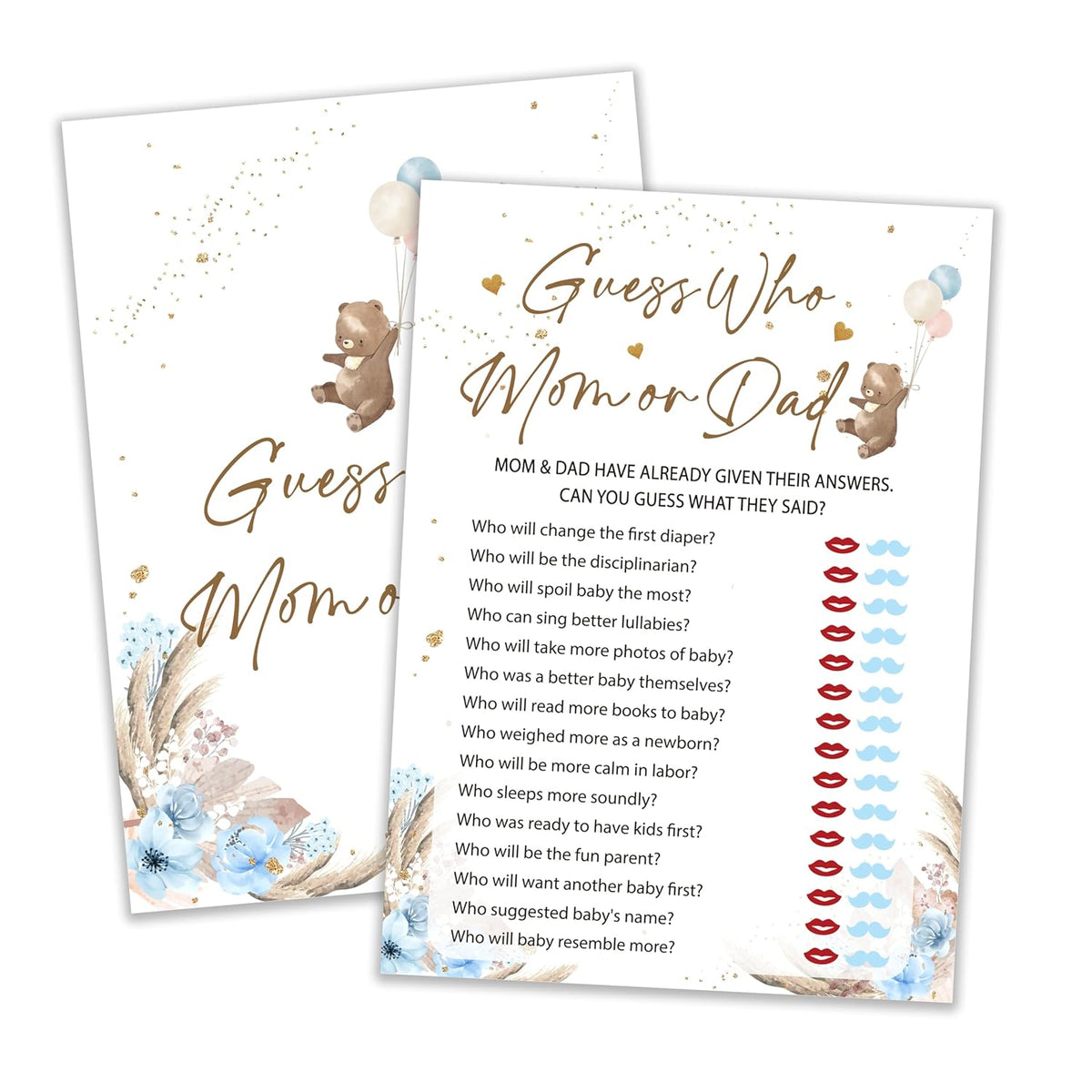 Baby Shower Games, Who Mommy Or Daddy Game, Bear Themed Blue Baby Shower Games Card For 25 Players, Gender Neutral Party Ideas Favors, Boys Party Decorations Supplies-A03