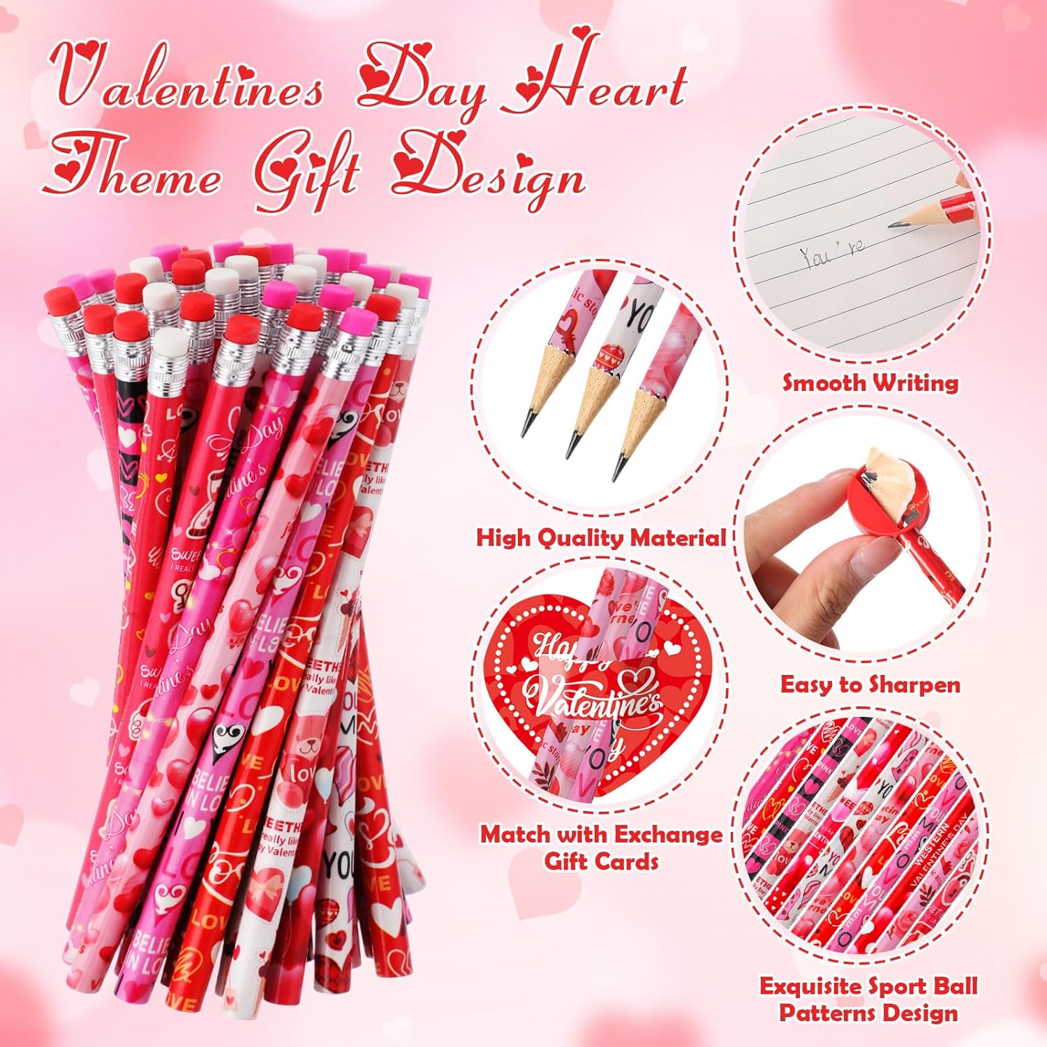 48 Pack Valentine'S Day Heart Pencils Bulk And Valentine Exchange Card For Valentine Party Favor Office Rewards Gift Exchange Prizes Supplies