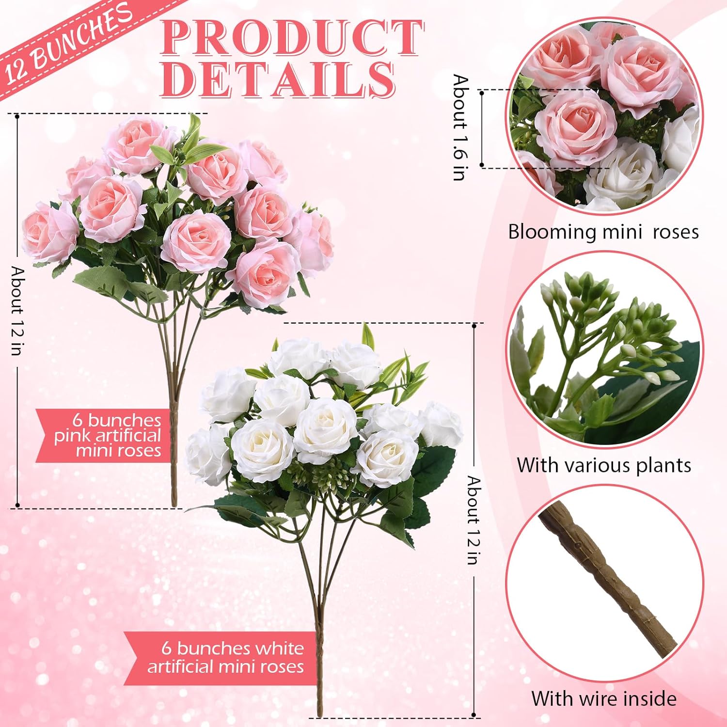 12 Bunches Valentine'S Day 12 In Mini Rose Artificial Flower Wedding Table Centerpieces Artificial Silk Roses Flower 120 Heads White And Pink Fake Bouquet For Bridal Shower Party Decoration