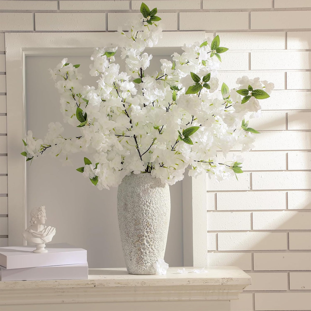 6 Pcs 40" Artificial Cherry Blossom Branches Spring Cream White Faux Tall Cherry Flower Stem Arrangement Realistic Plastic Flower Pick For Scandinavian Diy Home Office Wedding Vase Party Decor
