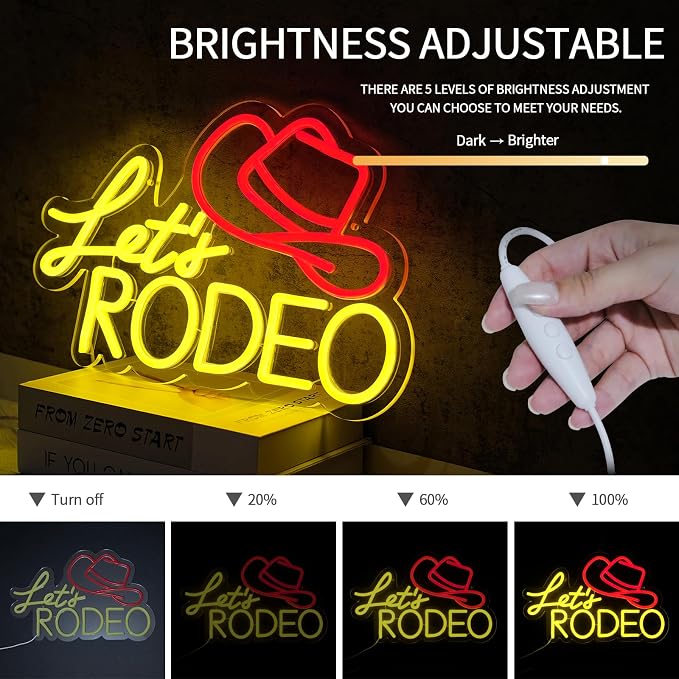 Let's Rodeo Neon Sign Dimmable Cowboy Hat LED Wall Light for Game Room Bar Man Cave Farmhouse Decor