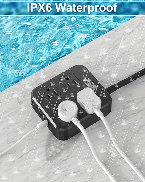 Outdoor Waterproof Power Strip 4 Outlets 3 USB Ports 6FT Weatherproof Extension Cord Black