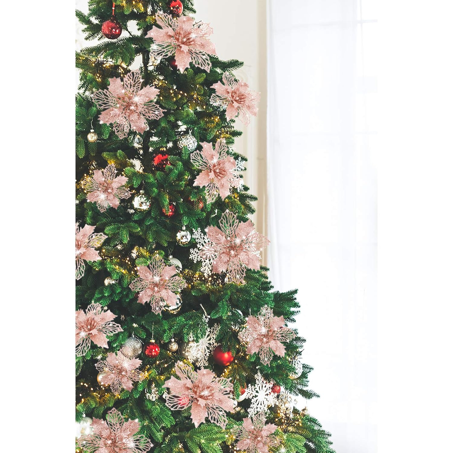 36 Pieces Rose Gold Christmas Poinsettia Flowers With Clips Glitter Christmas Tree Ornaments For Tree Artificial Poinsettia Flowers For Xmas Trees Wreath New Year Decoration