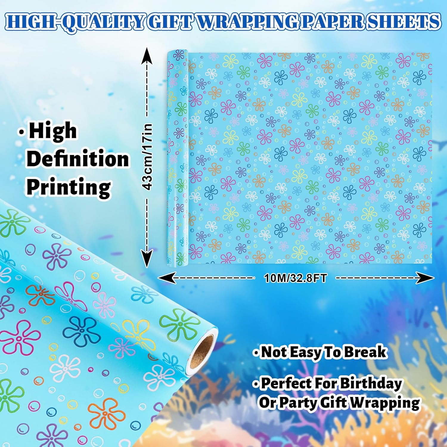Cartoon Sponge Wrapping Paper - Mini Roll - 17 In X 32.8 Ft Blue Flower Bubble Gift Wrap Paper For Diy Crafts Birthday Ocean Under The Sea Party