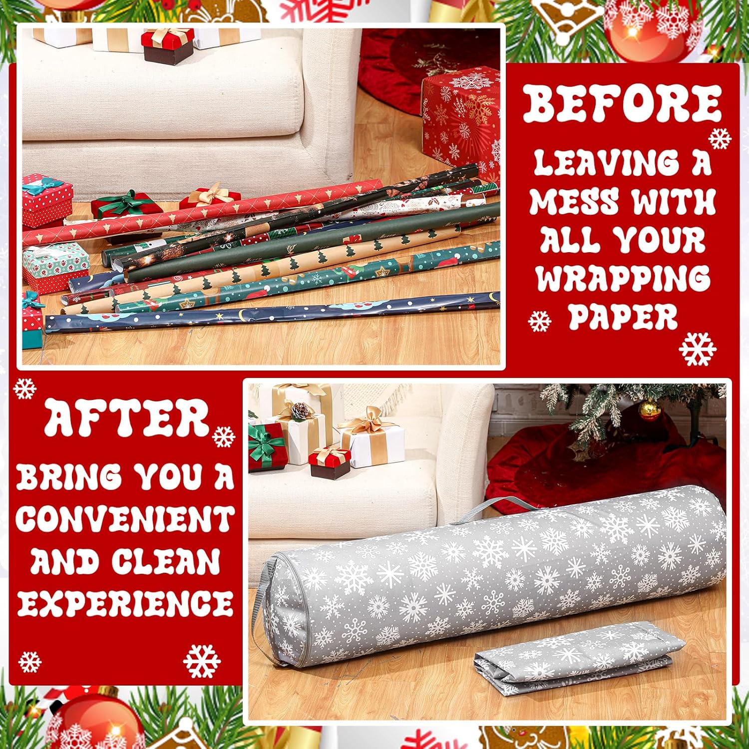 2 Pcs Christmas Wrapping Paper Storage Bags 40 Inch Snowflake Gift Wrapping Paper Organizer Storage Containers For Crafts Poster Tools, Christmas Wrap Holder, 600D Oxford