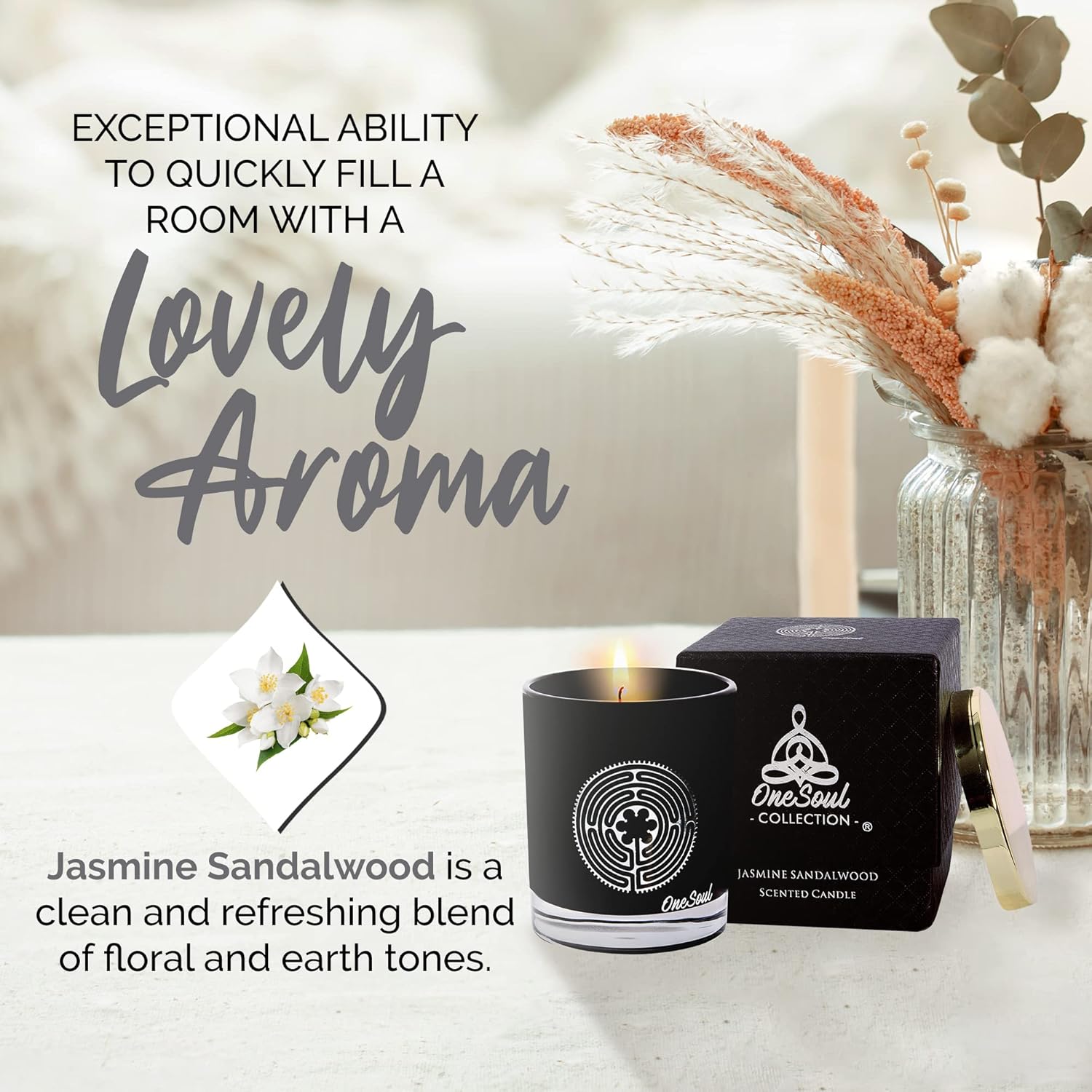 Jasmine Sandalwood Aromatherapy Candle, Earthy Scented Jar Candle, 7.6 Oz, 50 Hour Burn Time