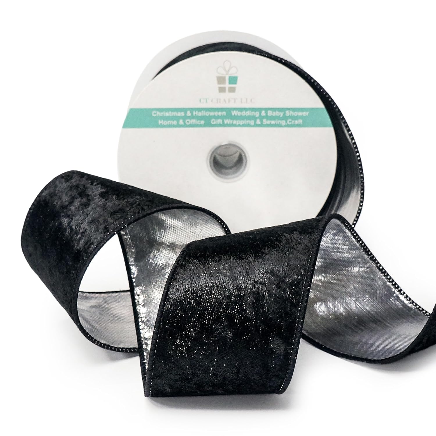 Black Velvet With Silver Metallic Backing Wired Ribbon 2.5 Inch X 10 Yards For Christmas Tree Topper Home Decoration Wreath Gift Wrapping Diy Craft