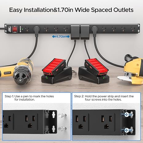 12 Outlet Metal Power Strip 2100J Surge Protector 6FT Cord Wide Spaced