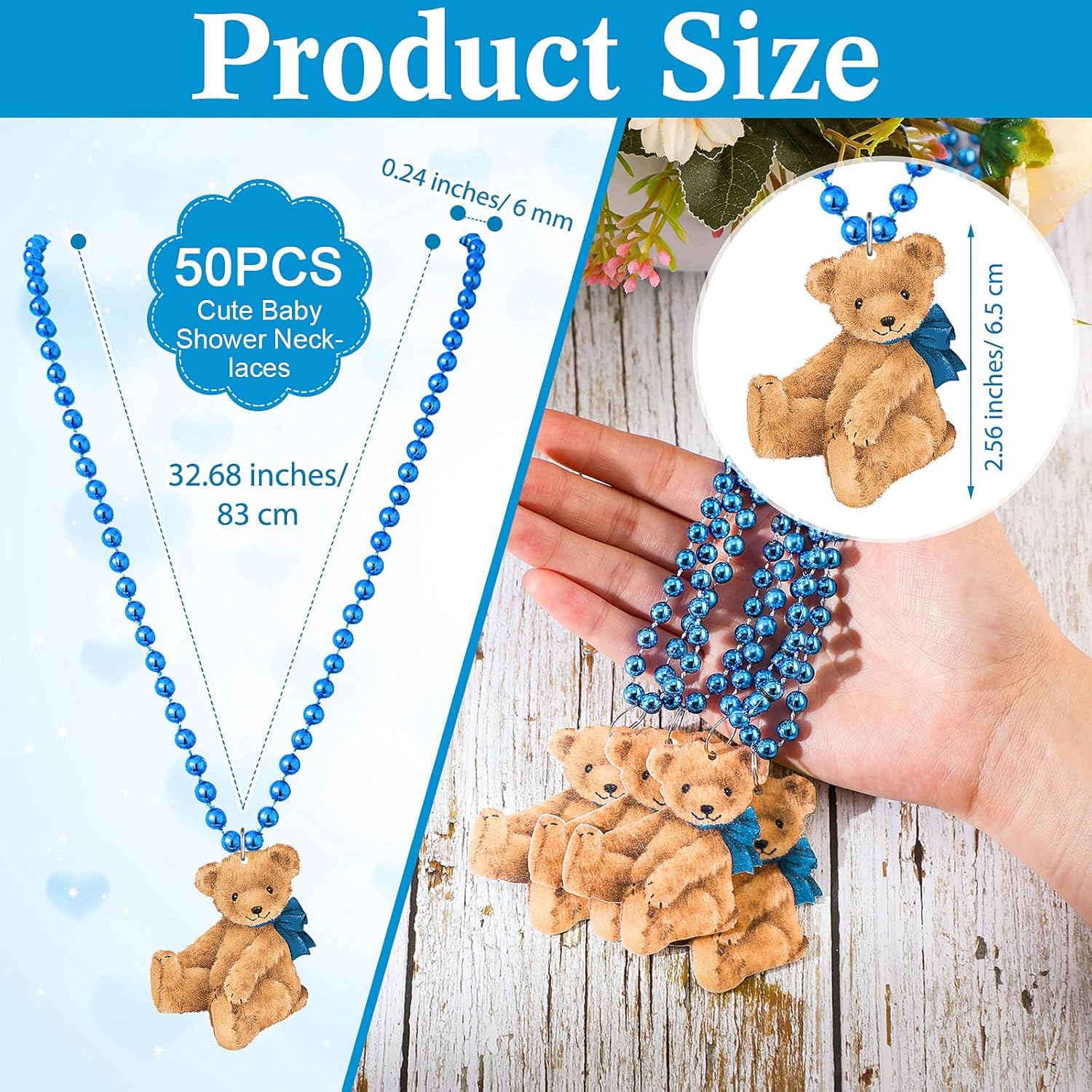 51 Pcs Don'T Say Baby Shower Game Wooden Bear Sign Table Decor Gift Sets 50 Bear Necklaces For Baby Shower Gender Reveal Games Party Favor(Blue)