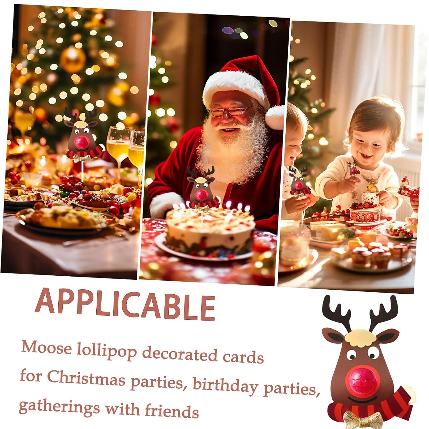 50Pcs Christmas Lollipop Paper Cards Elk Reindeer Pattern Candy Decorative Cards Moose Diy Folded Candy Holders Cards Wrap Decorations For Winter Family Party Supplies (Red)