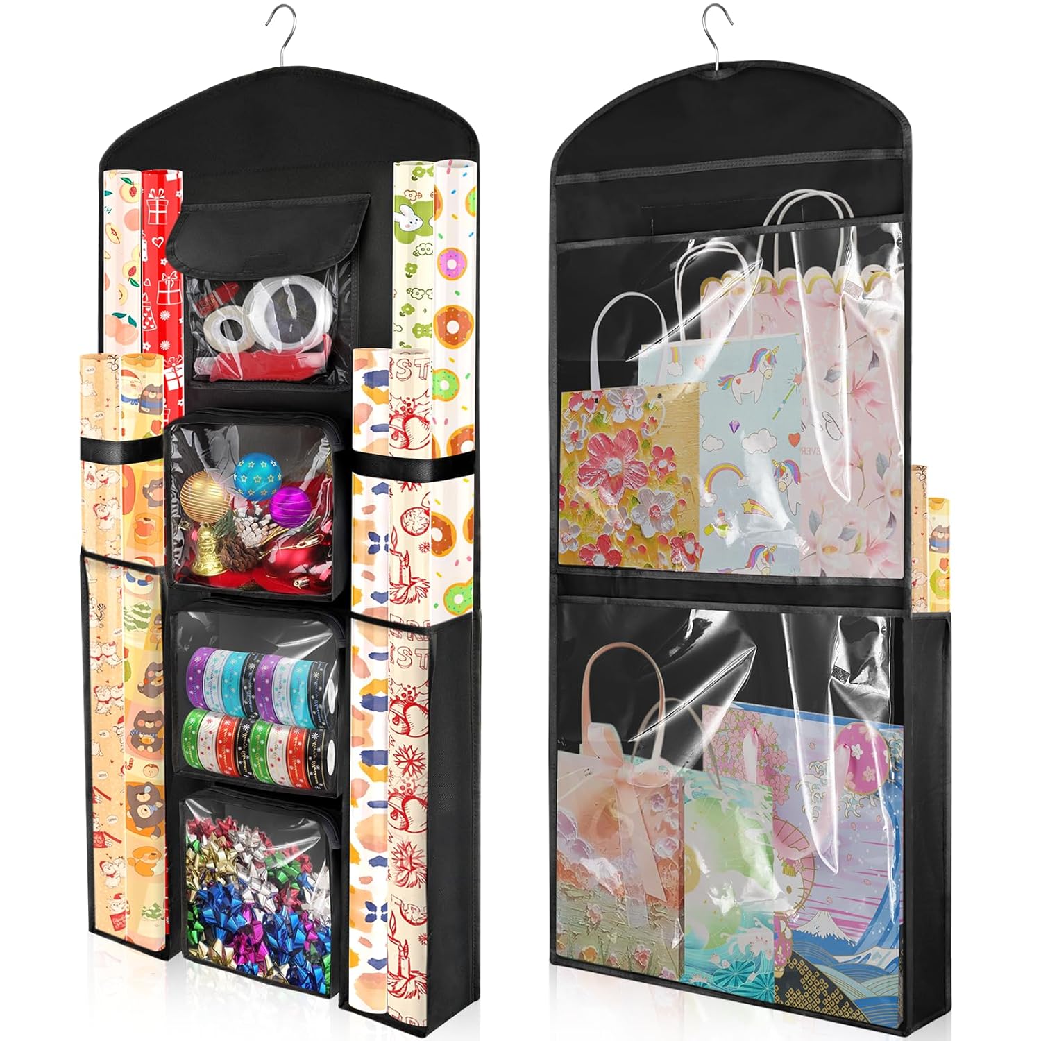 Hanging Gift Wrapping Paper Storage, 40"X17" Black Double-Sided Christmas Wrapper Bag Container, Oxford Craft Roll Organizer, Present Wrap Holder For Bedroom Closet, Door, Cabinet