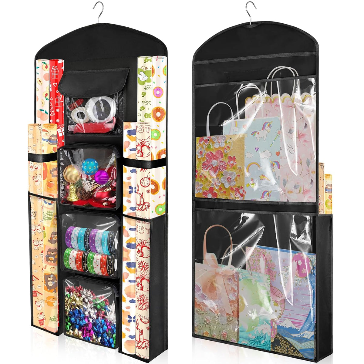 Hanging Gift Wrapping Paper Storage, 40"X17" Black Double-Sided Christmas Wrapper Bag Container, Oxford Craft Roll Organizer, Present Wrap Holder For Bedroom Closet, Door, Cabinet